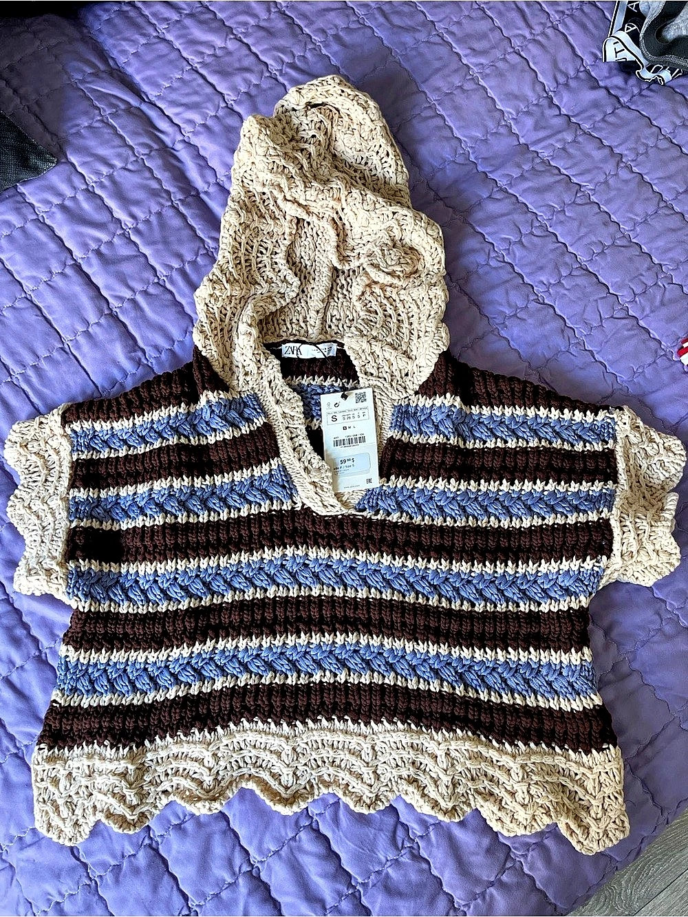 Zara Striped Crochet Hooded Sweater Top Brown & Blue Size Small
